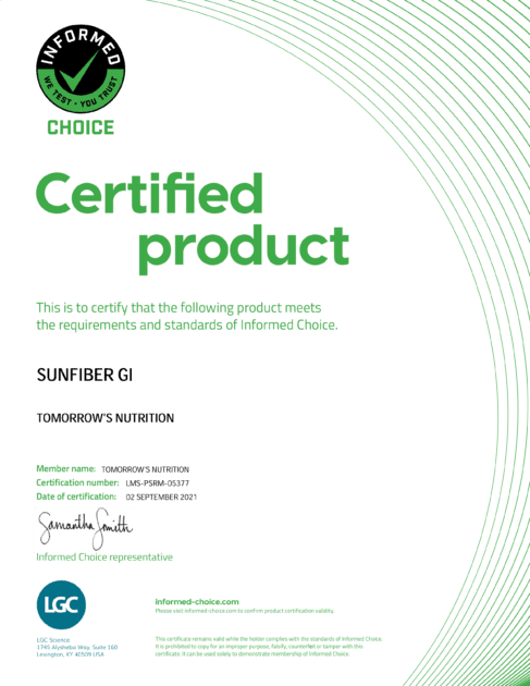 Informed Choice Certified Product Certificate