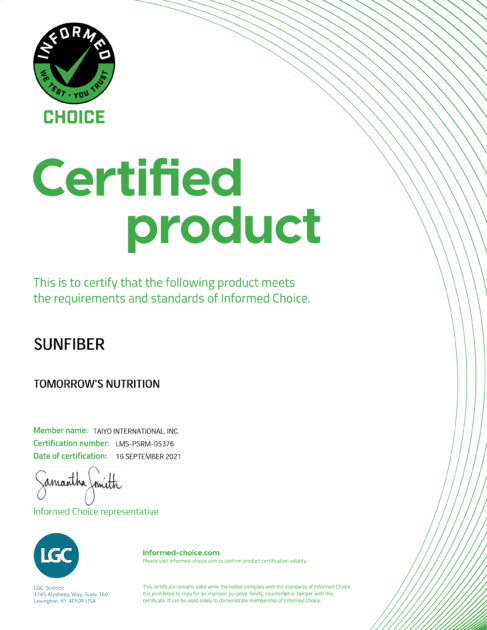 Informed Choice Certified Product Certificate